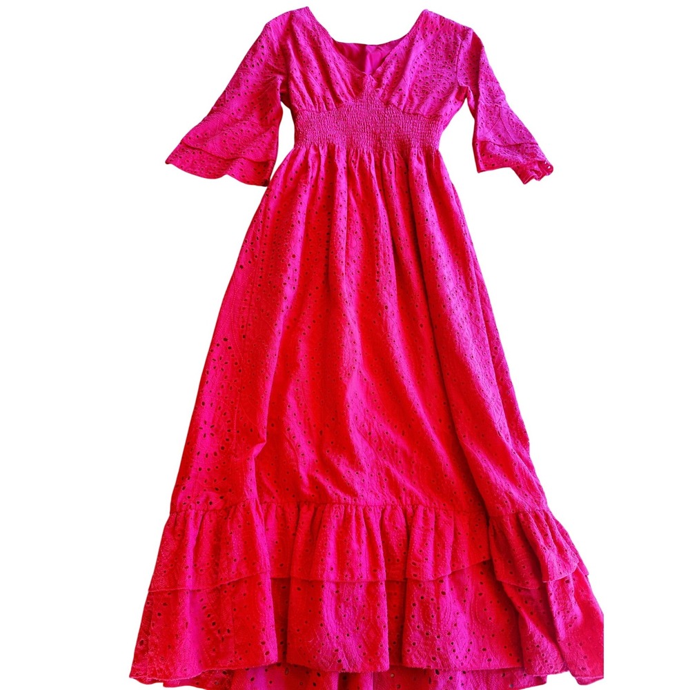 Red Eyelet Lace Midi Dress Smocked Waist Bell Sleeve S Cottagecore Bohemian - Picture 3 of 4
